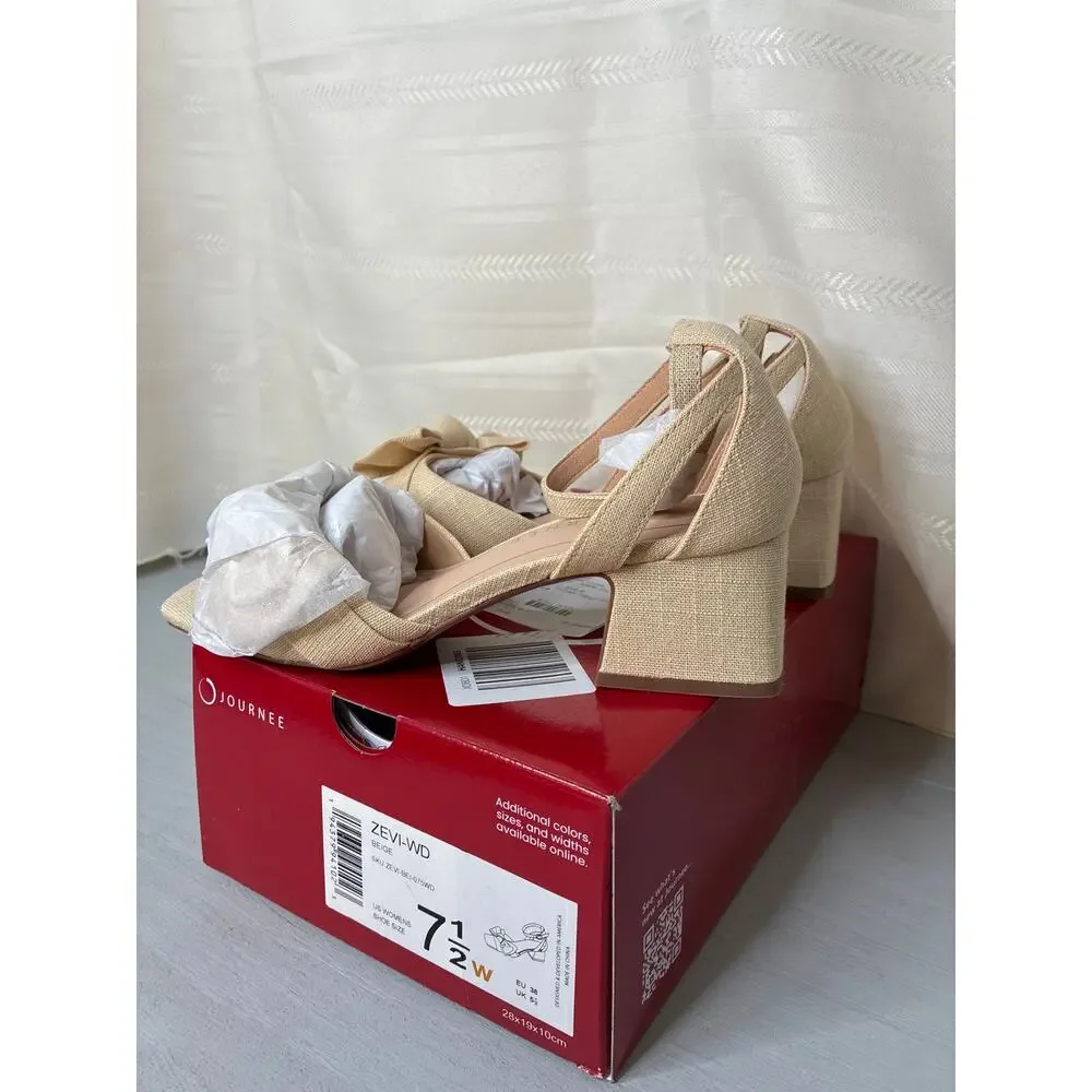 Journee Collection Zevi Linen Block Heel Sandals Beige Size 7.5 Wide